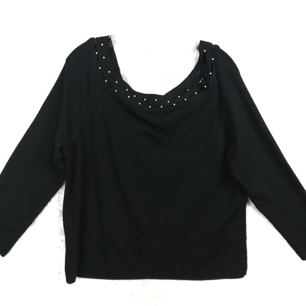 Cable & Gauge Womens Sweater Boat Neck Black Knit Pearl Trim Long Sleeve Plus 2X